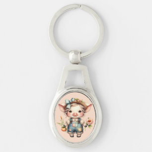 Porte-clés Joli cochon Farmcore en salopette avec des fleurs
