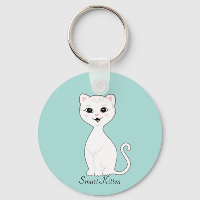 Porte-clés Joli dessin animé de chaton blanc intelligent sur  (Recto)