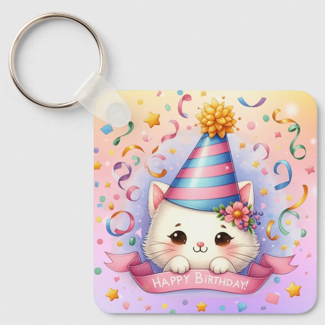 Porte-clés Joli dessin animé Kawaii Kitty Chat Joyeux Anniver (Recto)