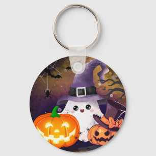 Porte-clés Joli fantôme d'Halloween avec chapeau de sorcière