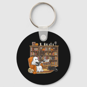 Porte-clés Joli fantôme lisant des livres avec un chat noir H