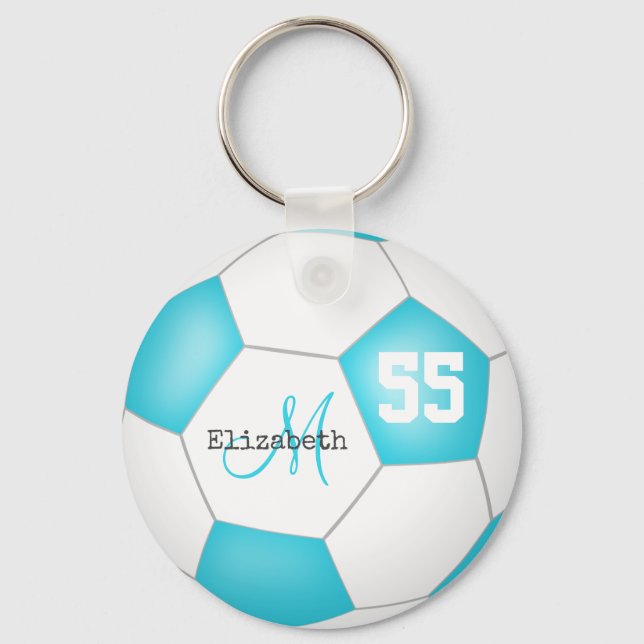 Porte-clés joli football féminin bleu turquoise et blanc (Recto)