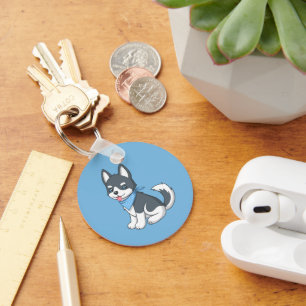 Porte-clés Joli Husky de dessin animé sur fond bleu