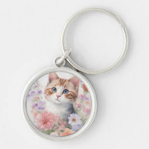 Porte-clés Joli Kitten à l'aquarelle avec des fleurs