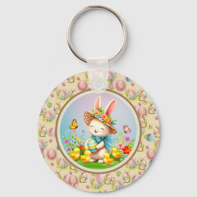 Porte-clés Joli lapin de Pâques et joyeuses fleurs de printem (Recto)