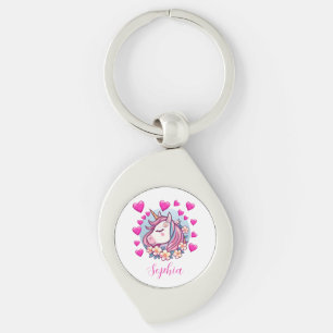 Porte-clés Joli Licorne, Cœurs Roses & Fleurs, Nom Personnali