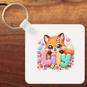 Porte-clés Joli Lily Fox Kawaii Nom Pastel Rose Floral Bois