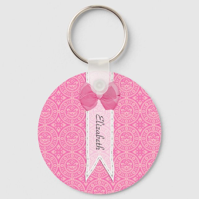 Porte-clés Joli Médaillon rose Damask Mignonne Bow avec nom (Recto)