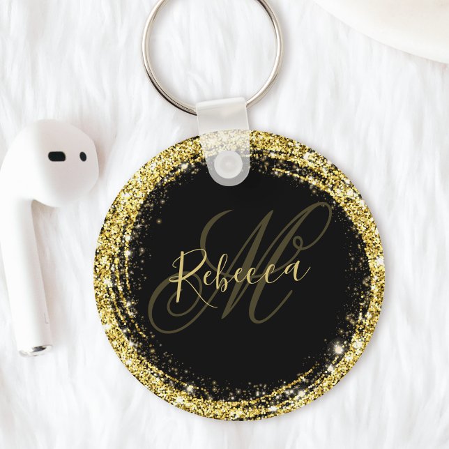 Porte-clés Joli monogramme de nom paillettes or noir Glam (Créateur téléchargé)