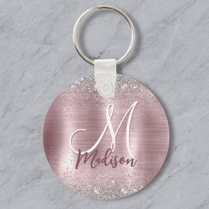 Porte-clés Joli monogramme faux paillettes rose blush argent