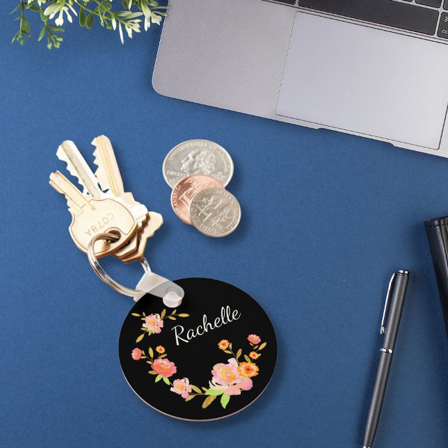 Porte-clés Joli Monogramme Floral Orange & Rose Personnalisé (Créateur téléchargé)