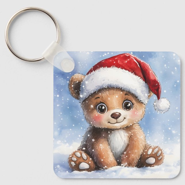 Porte-clés Joli Noël d'hiver Ourson Santa Aquarelle  (Recto)