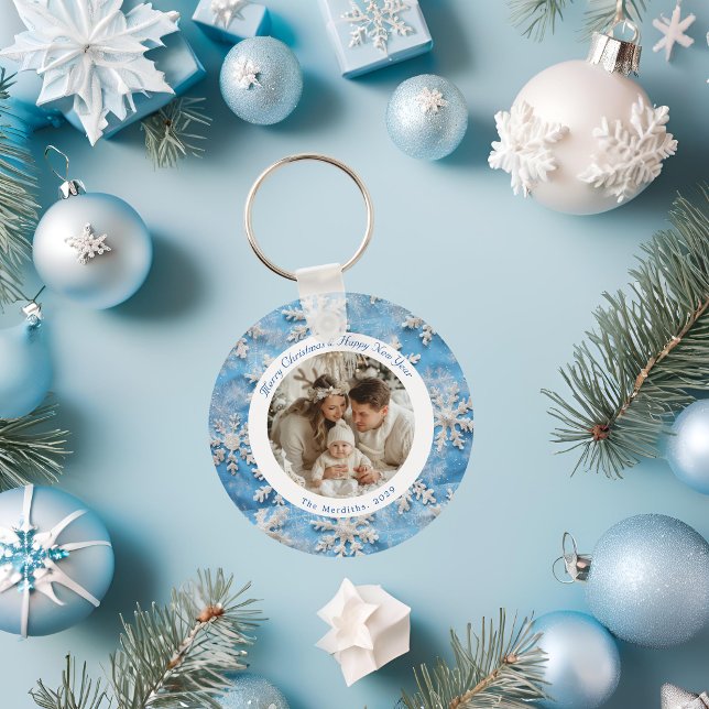 Porte-clés Joli Noël Personnalisé Flocon de neige bleu (Snowflake Christmas Key Ring)