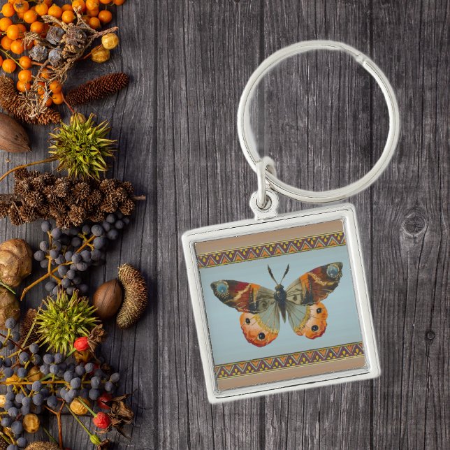 Porte-clés Joli papillon Monarque Bordure Abstraite (Pretty monarch butterfly in oranges blues with triangle border on keychain.)