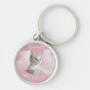 Porte-clés Joli Petit Chat Blanc Ciel Rose Nuages Nom, Texte