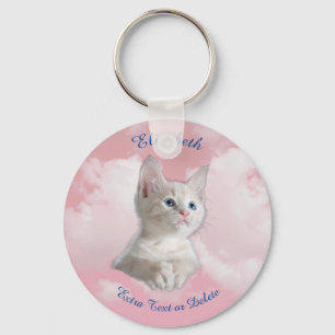 Porte-clés Joli petit chaton blanc ciel rose, nom bleu & text