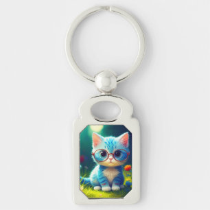 Porte-clés Joli petit chaton bleu portant des lunettes-47067