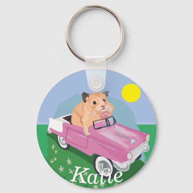 Porte-clés Joli petit hamster Conduire une voiture rose (Recto)