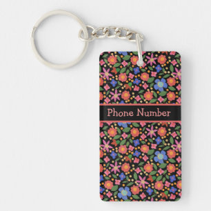 Porte-clés Joli style d'art populaire Floral Noir Oblong Port