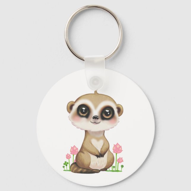 Porte-clés Joli suricate et fleurs sur fond blanc (Recto)
