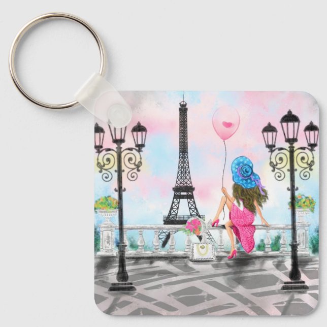 Porte-clés Jolie femme et ballon de coeur rose - I Love Paris (Recto)