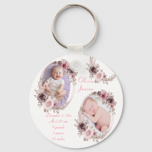 Porte-clés Jolie Fille Bébé Photo Aquarelle Fleurie Or Rose