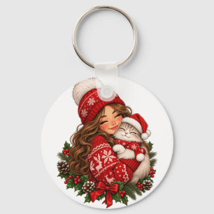 Porte-clés Jolie Fille de Noël & Chaton Chapeau de Père Noël