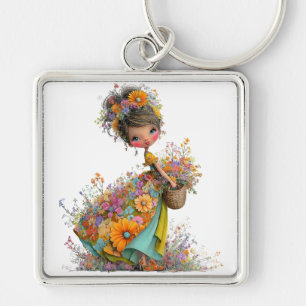 PORTE-CLÉS JOLIE FILLE ÉTÉ CAPRICIEUSE AVEC PETITES FLEURS