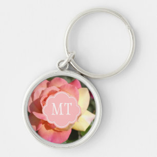 Porte-clés Jolie fleur de rose rose et jaune, personnalisée