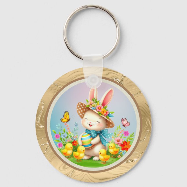Porte-clés Jolie Lapin de Pâques et joyeux Fleurs de Printemp (Recto)