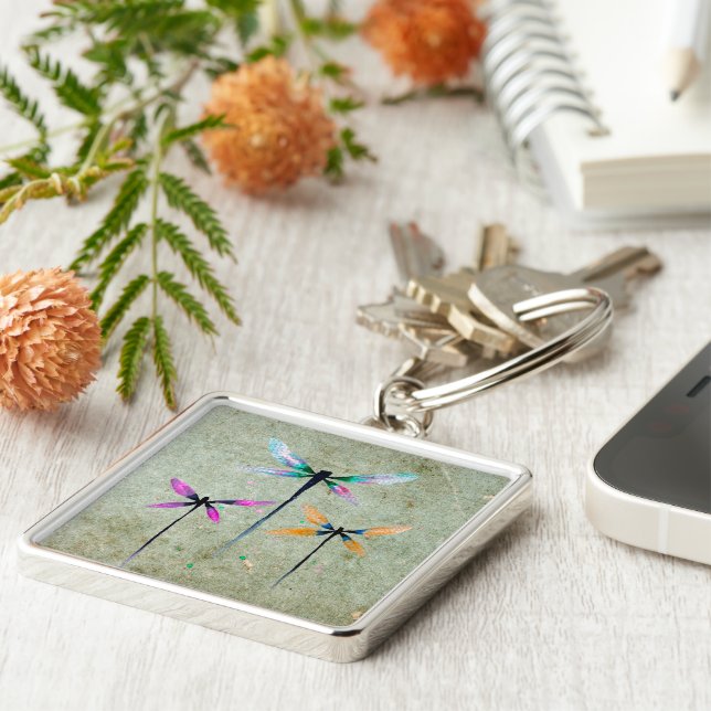 Porte-clés Jolie libellule aquarelle rustique (Côté)