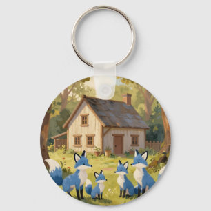 Porte-clés Jolie maisonnette de famille de renard bleu