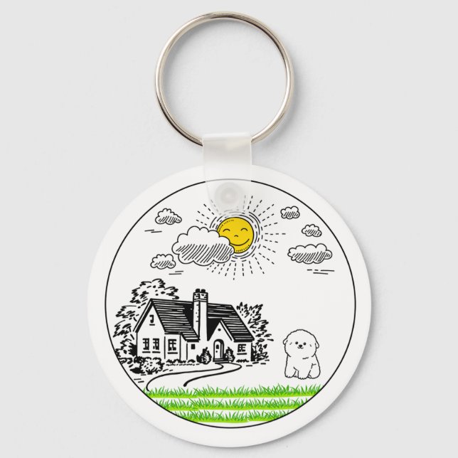 Porte-clés *Jolie maisonnette et chiot avec soleil souriant – (Recto)