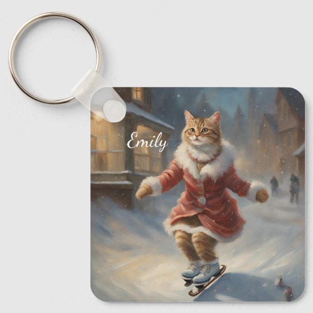 Porte-clés Jolie Noël Patinage de chat Jouer (Recto)