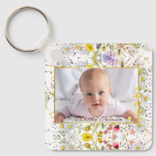 Porte-clés Jolie photo de bébé fille à l'aquarelle florale ro