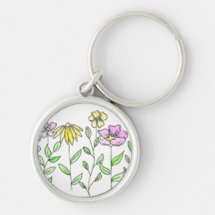 Porte-clés Jolies fleurs aquarelles roses et jaunes
