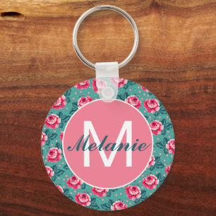 Porte-clés Jolies Roses Roses et Points sur Teal Personnalisé