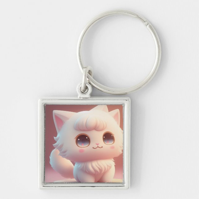 Porte-clés Jolis Grands Yeux Chat Blanc Fluffy (Devant)