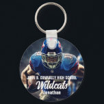 Porte-clés Joueur de football personnalisé photo Lycée<br><div class="desc">Ce cool customisé au lycée footballeur photo porte - clé présente la typographie blanche de votre équipe et nom du joueur. Personnalisez avec le type de mascotte et une 2ème photo d'athlète sur le dos.</div>