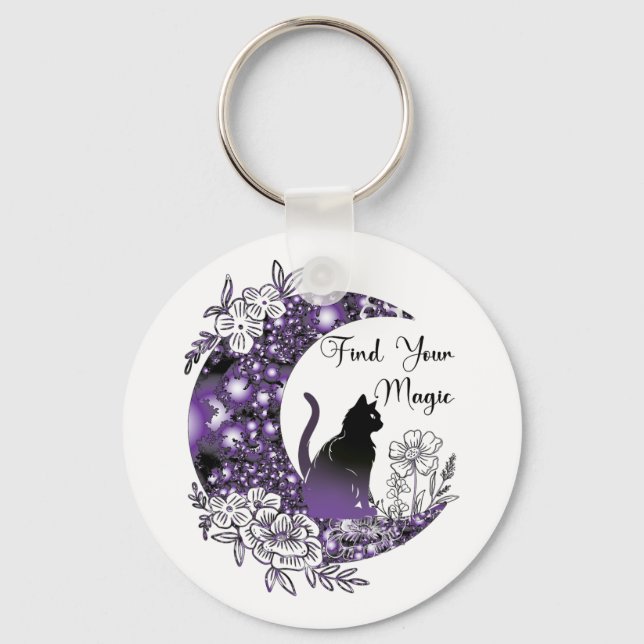 Porte-clés Jour Graphique Mystique Céleste Noir Chat Lune (Recto)