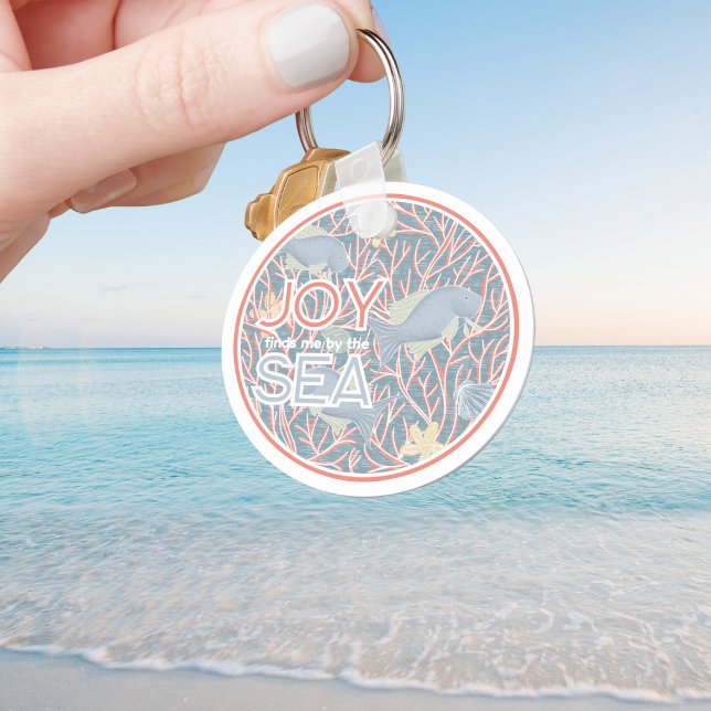 Porte-clés Joy Finds Me By The Sea – Boho Beach  (Modern Coastal "Joy Finds Me By The Sea" Personalized Keychain)