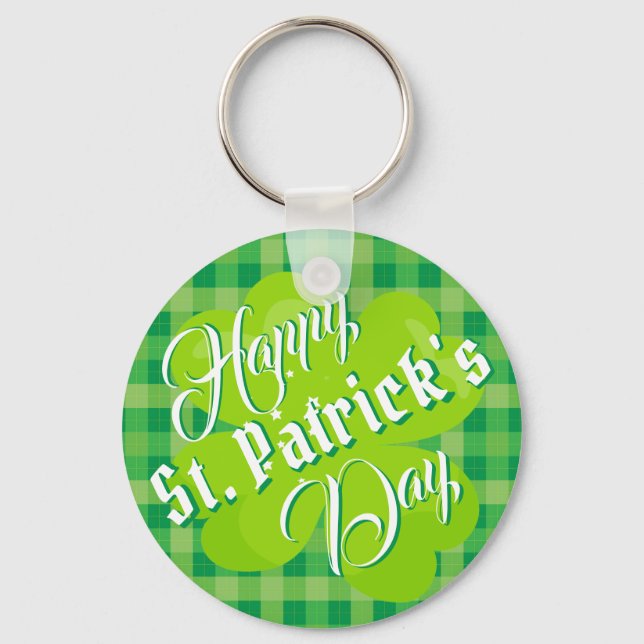 Porte-clés Joyeuse Saint-Patrick Vert Tartan Trèfle Chanceux (Recto)