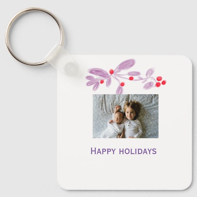 Porte-clés Joyeuses fêtes fleurs rouge pourpre ajouter texte  (Recto)