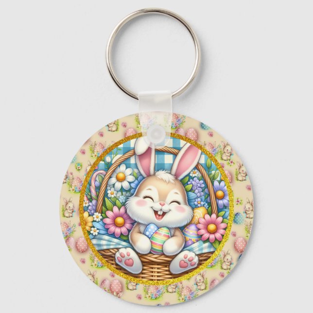 Porte-clés Joyeuses Pâques avec un lapin mignon, des œufs et  (Recto)
