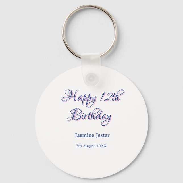 Porte-clés joyeux 12ème anniversaire bleu rose nom date simpl (Recto)