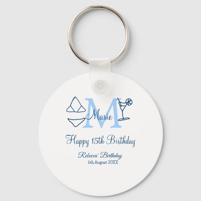 Porte-clés Joyeux 15e anniversaire bleu ajouter nom monogramm (Recto)