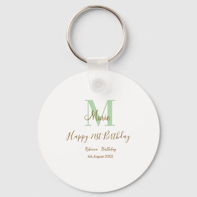 Porte-clés Joyeux 21e Anniversaire vert ajouter nom monogramm (Recto)
