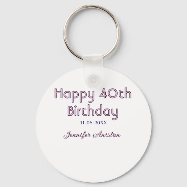 Porte-clés Joyeux 40e anniversaire nom date rose violet tren (Recto)