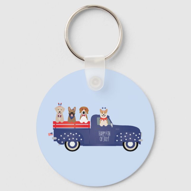 Porte-clés Joyeux 4 Juillet Chiens Pickup Camion (Recto)