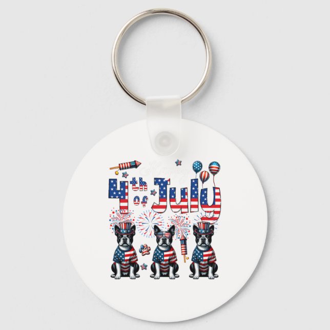 Porte-clés Joyeux 4 juillet trois mignons Boston Terriers Sun (Recto)